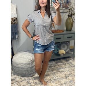 Striped V Neck Country Collar Button Up Short Tab Sleeves Navy 1321